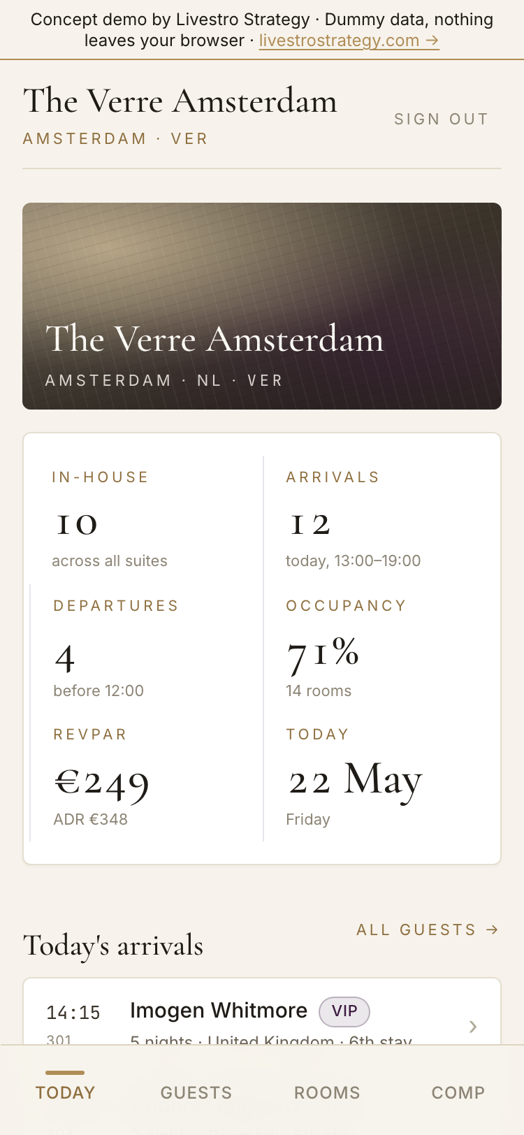 Portico — GM's today screen at The Verre Amsterdam with the cream-and-brass numbers row.
