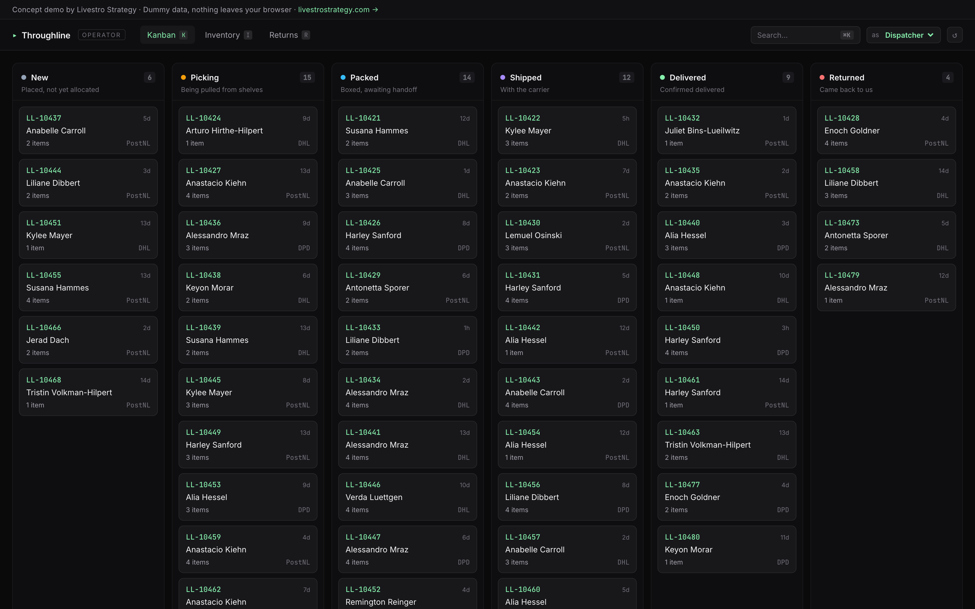 Throughline — operator kanban with 60 orders across six stages.
